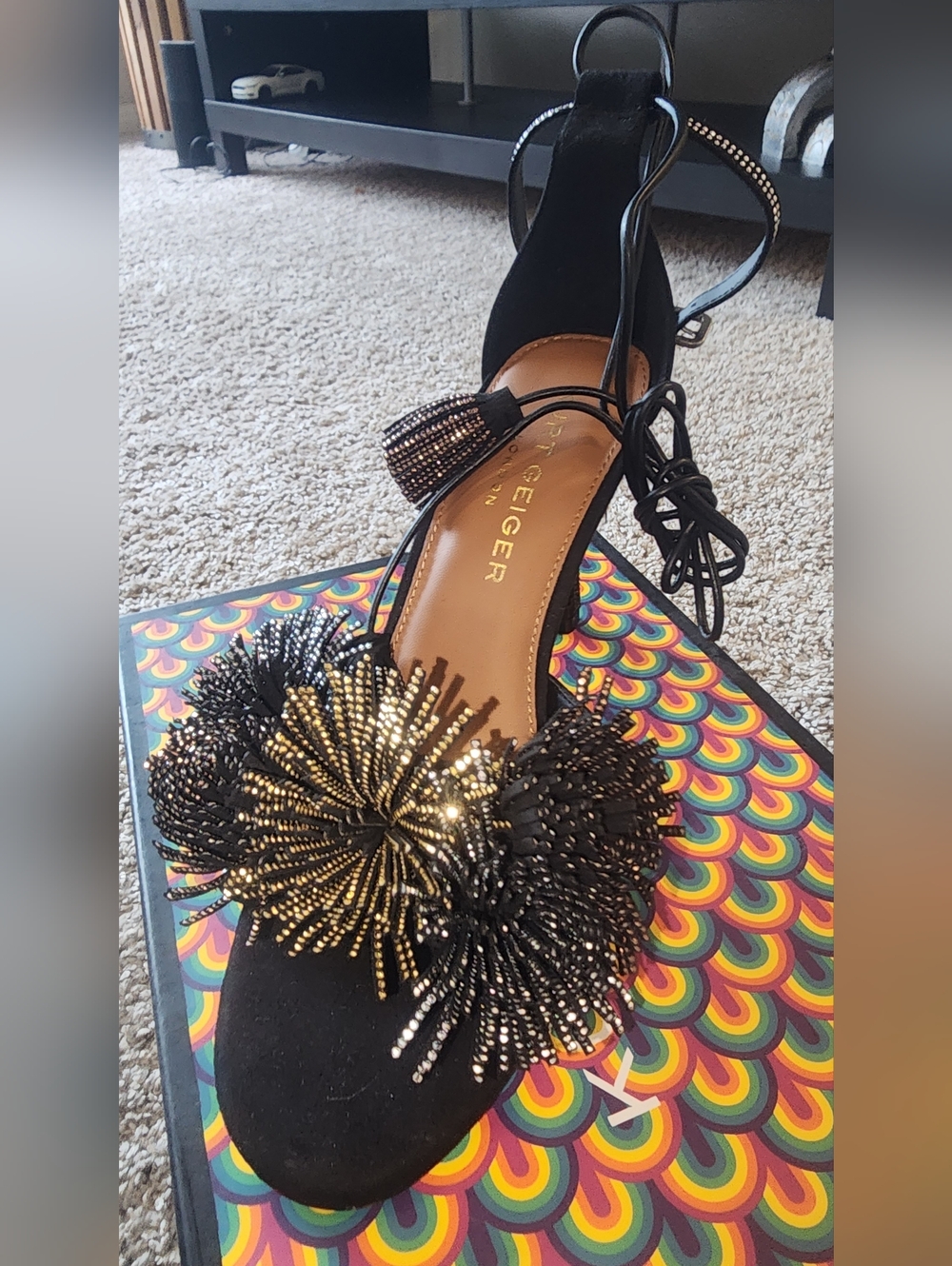 Kurt Geiger Black & Gold Embellished Pom-Pom Ankle Tie Sandal